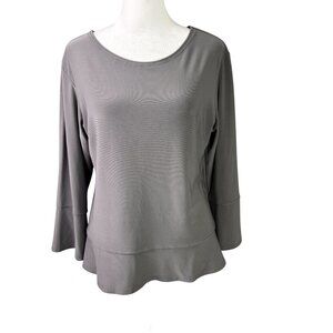 Sympli 10 Top Grey Pullover 3/4 Bell Sleeves Peplum Hem Stretchy Lagenlook